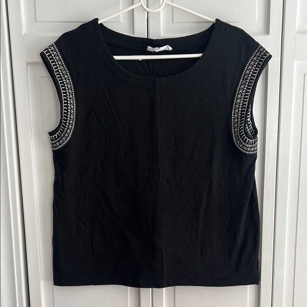 Jane and Delancey Black Sleeveless Top with white embroidery